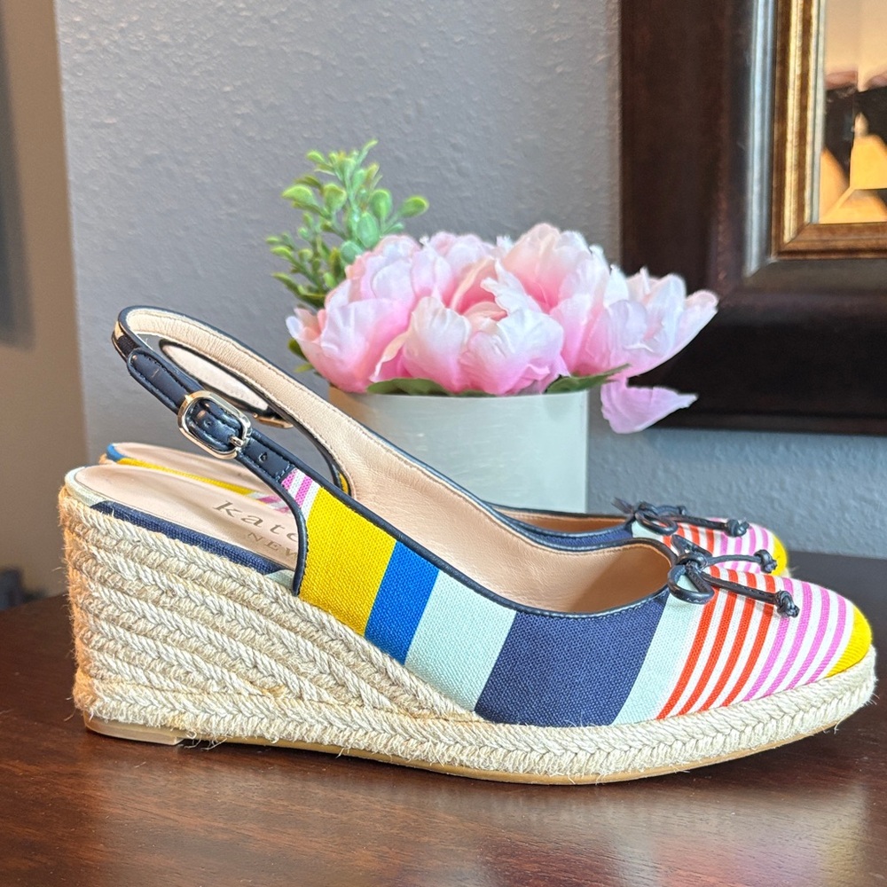 Size 7.5 Kate Spade Striped Multicolor Espadrille Wedge Slingback - Women's - Picture 15 of 16